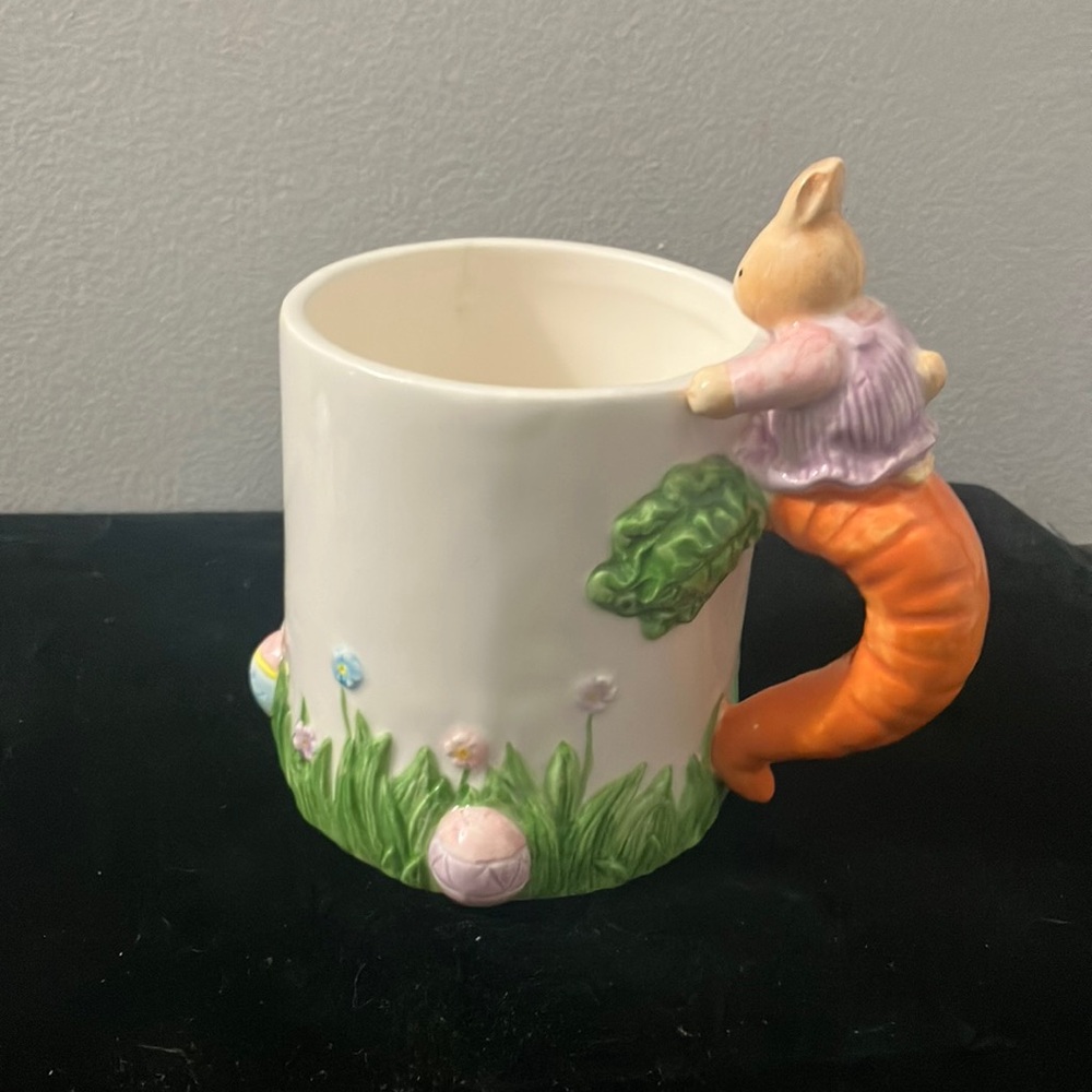 Vintage Ceramic Easter Mug with Rabbits and Carrot Handle